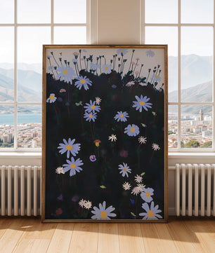 Field Of Blue And White Daisies On A Dark Background