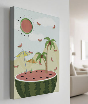 Summer Paradise with Watermelon Sun and Palms in Surreal Landscape