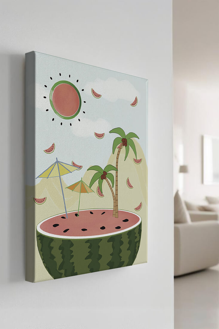 Summer Paradise with Watermelon Sun and Palms in Surreal Landscape
