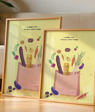 Ilustración de vegetales frescos y leche en una bolsa de comestibles