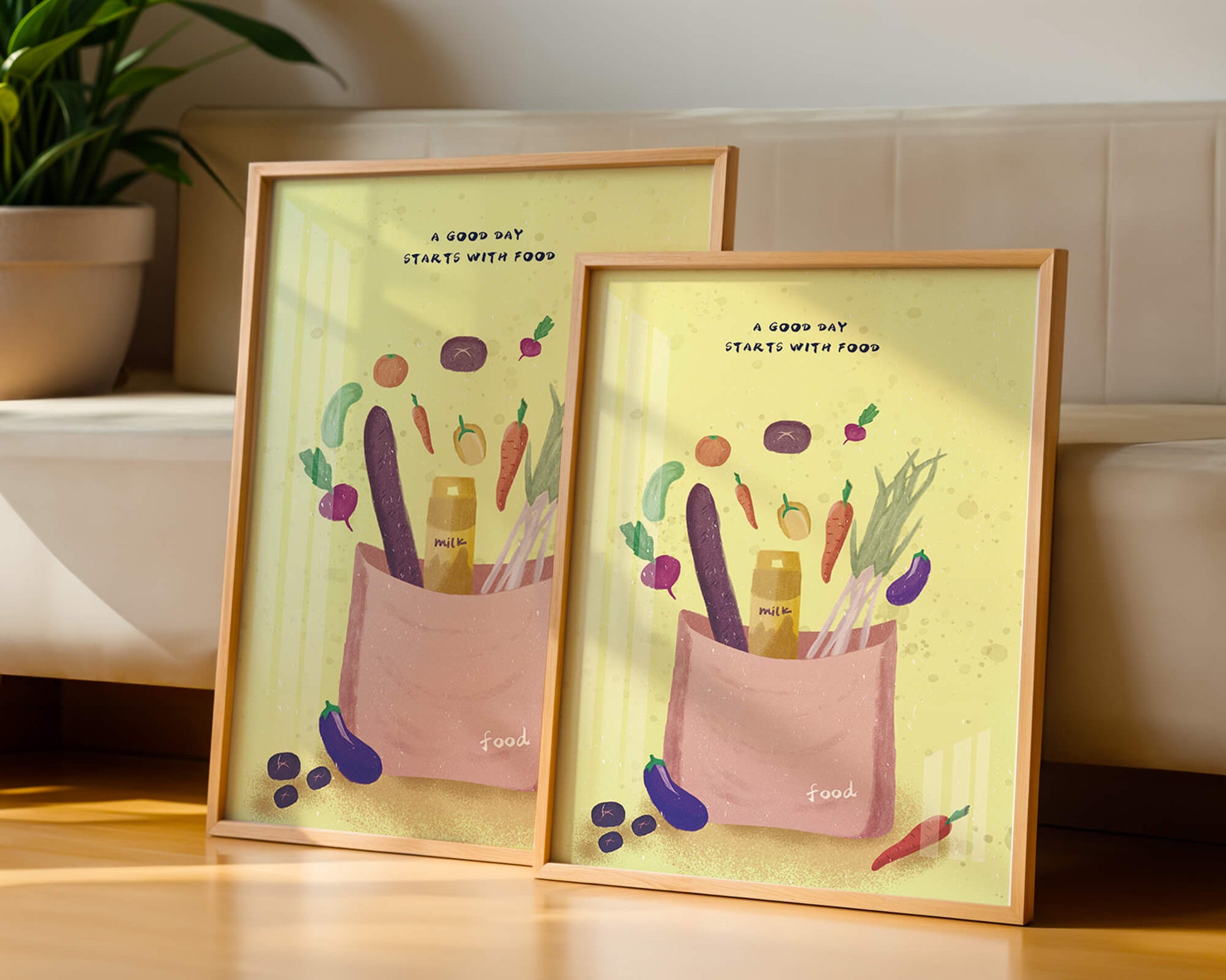 Ilustración de vegetales frescos y leche en una bolsa de comestibles