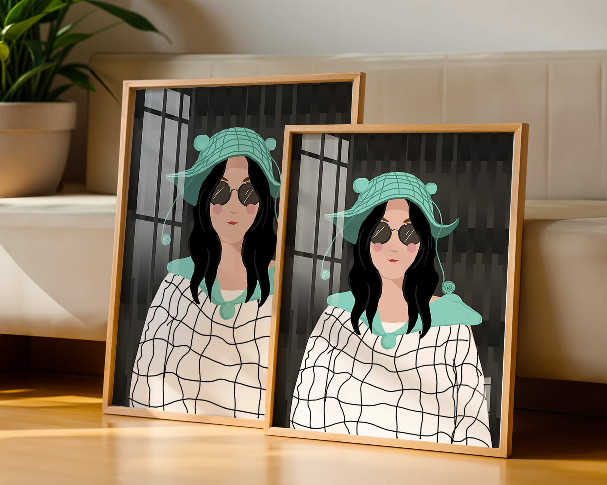 Illustration of a woman in a colorful hat and sunglasses