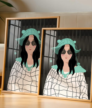 Illustration of a woman in a colorful hat and sunglasses