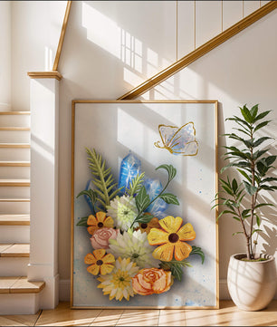 Floral and crystal arrangement with golden butterfly
