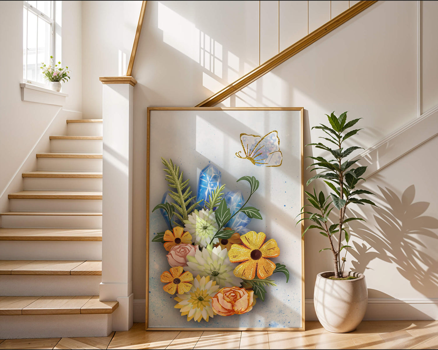 Floral and crystal arrangement with golden butterfly