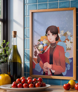 Mujer sosteniendo ramo con fondo floral