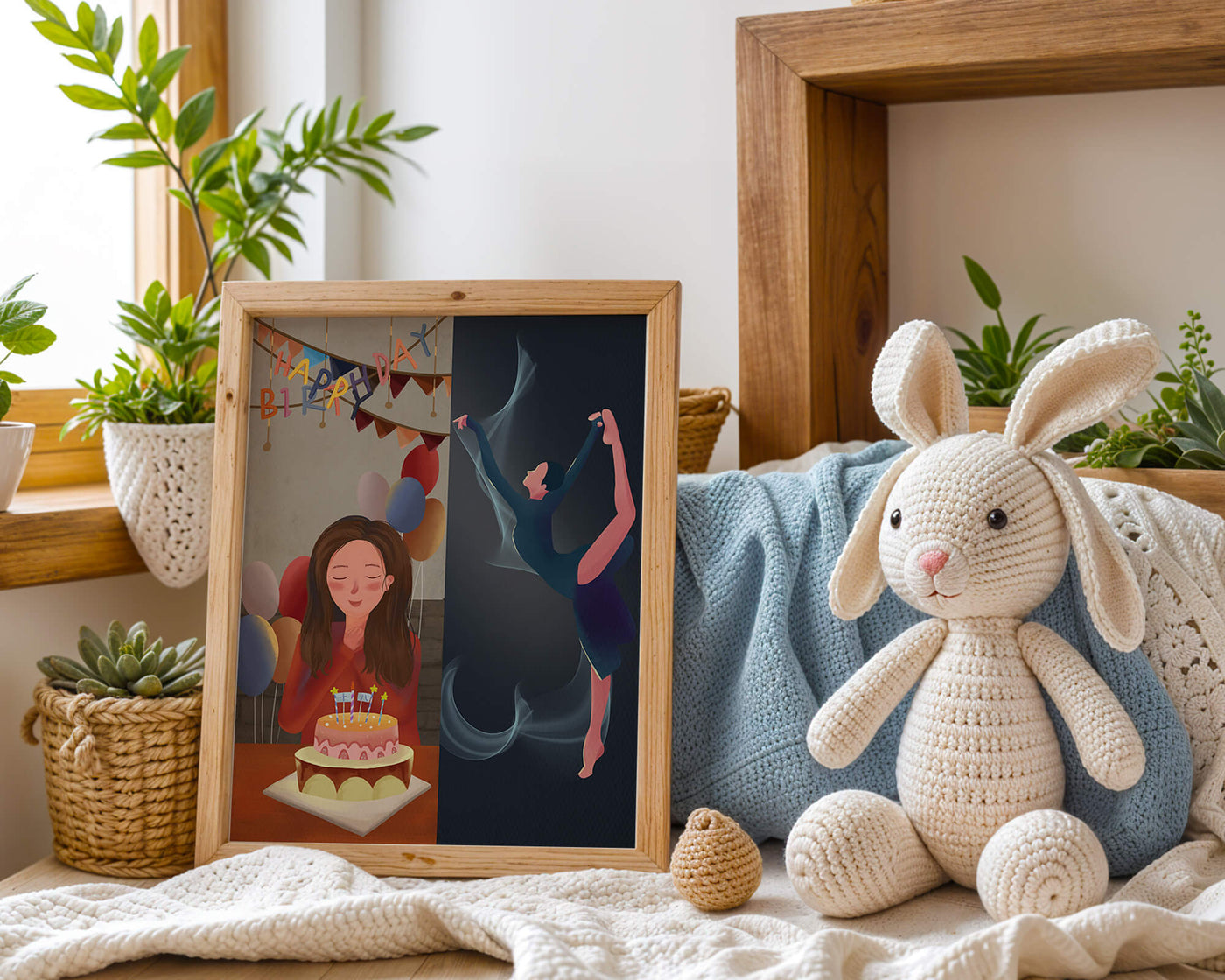 Birthday celebration illustration with cake and dancing figure