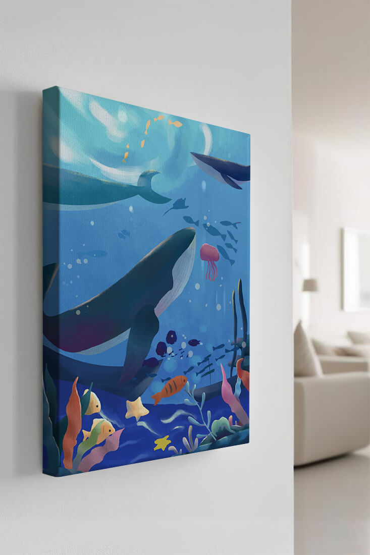 Underwater scene with whales, fish, and coral reef