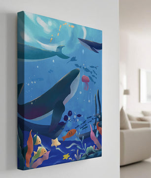 Escena submarina con ballenas, peces y arrecife de coral