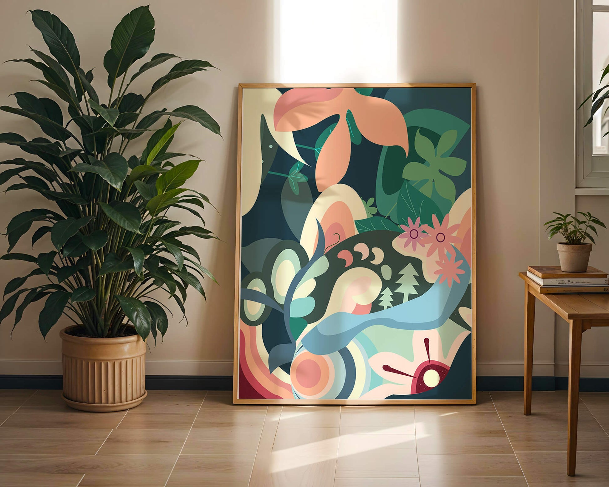 Abstract botanical artwork with vibrant colors and natural elements