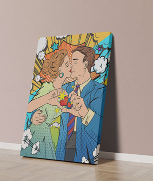 Ilustración de estilo pop art romántico de una pareja besándose con elementos cómicos