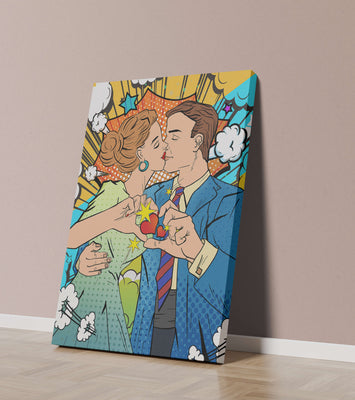 Romantic Pop Art Style Illustration of a Couple Kissing with Comic Elements