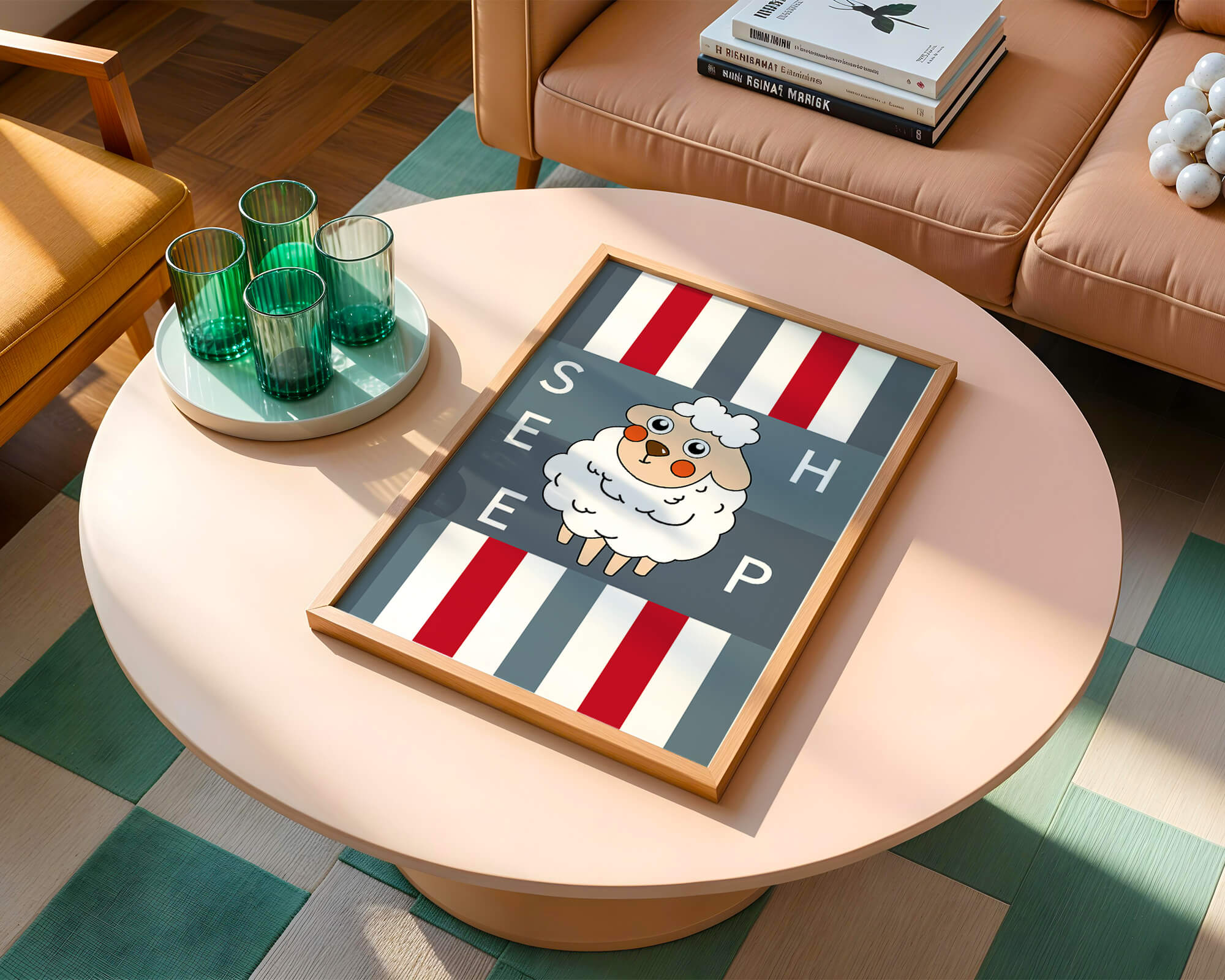 Playful sheep illustration on striped background