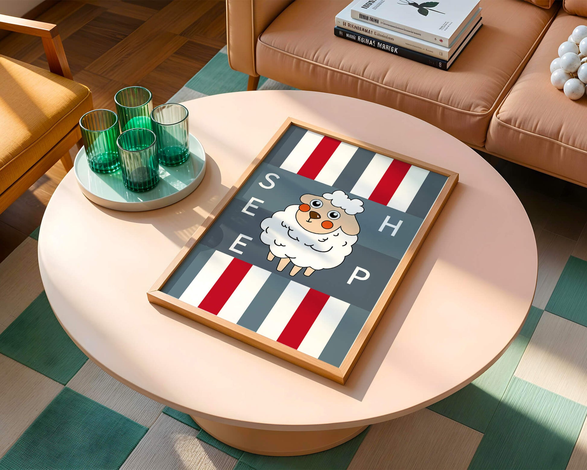 Playful sheep illustration on striped background