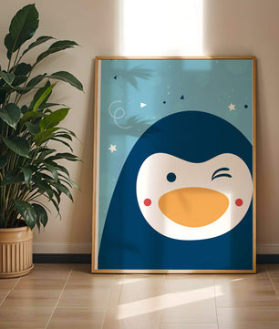 Pingüino animado juguetón sobre un fondo azul caprichoso