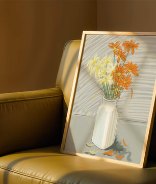 Vibrant daisies in a white vase illustration