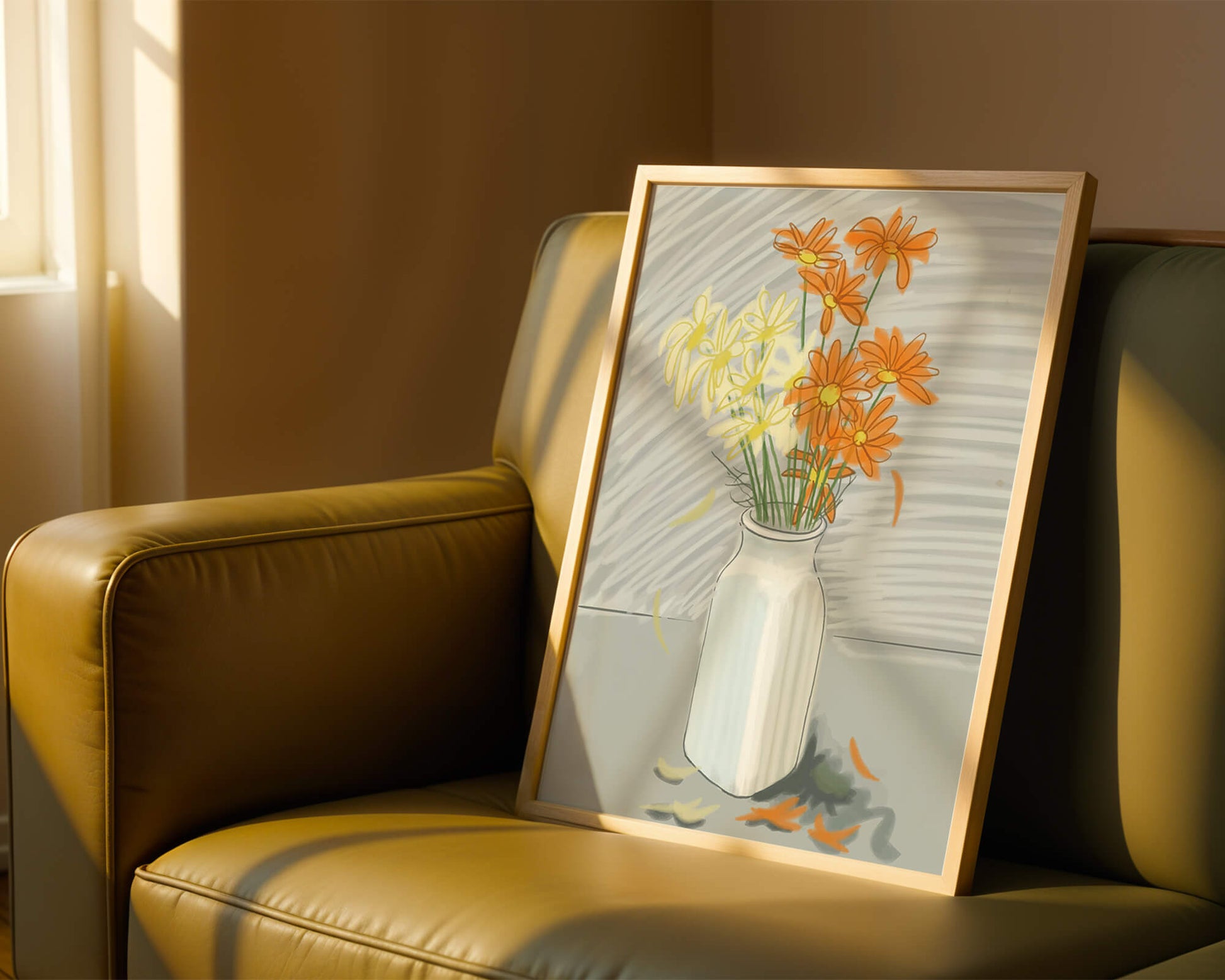 Vibrant daisies in a white vase illustration