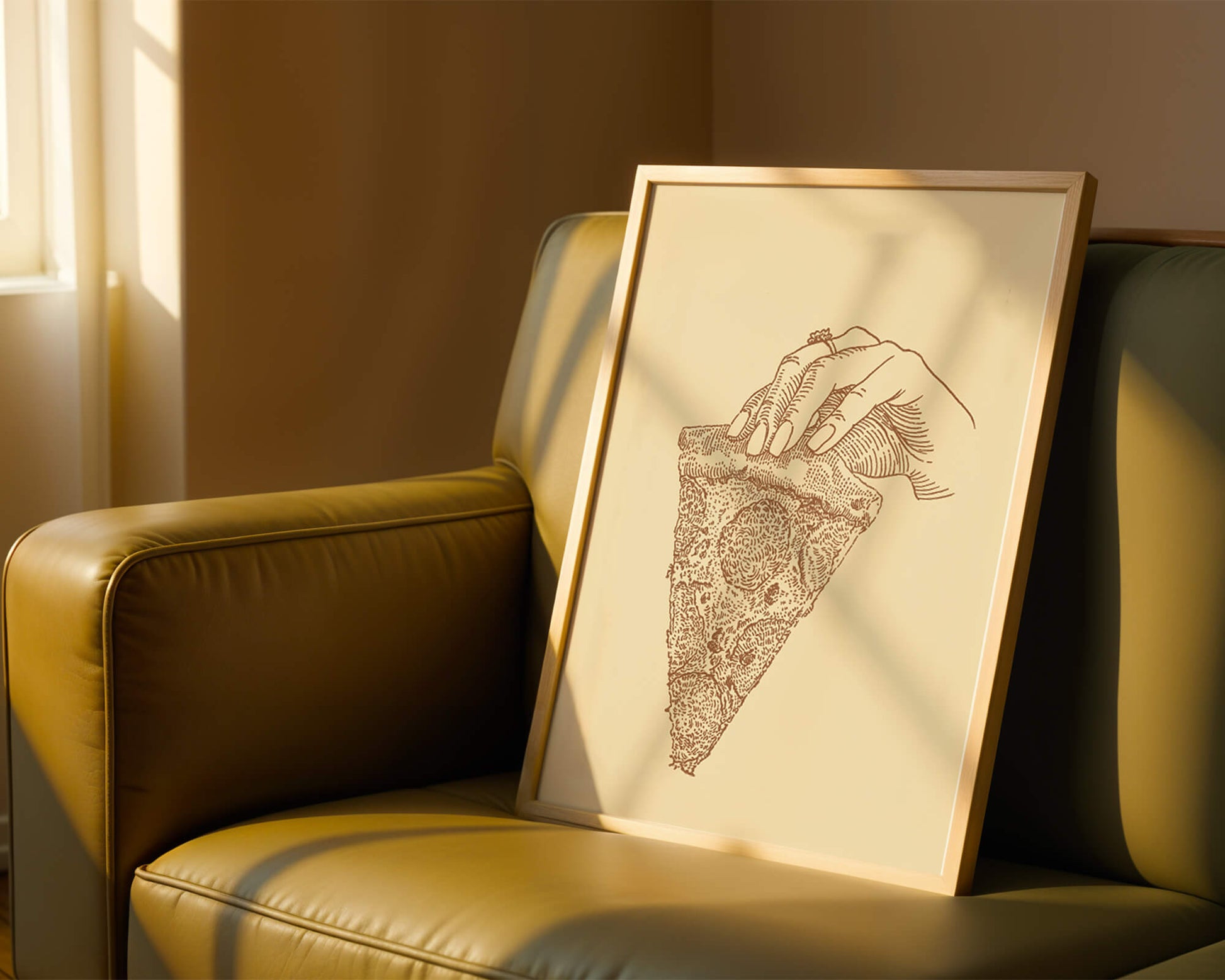 Hand holding a detailed vintage pizza slice illustration