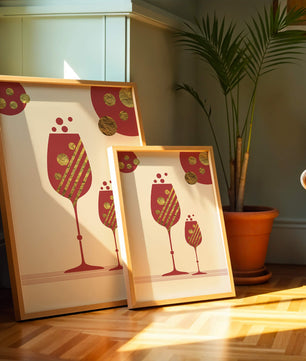 Stylish wine glasses with gold accents and a festive theme