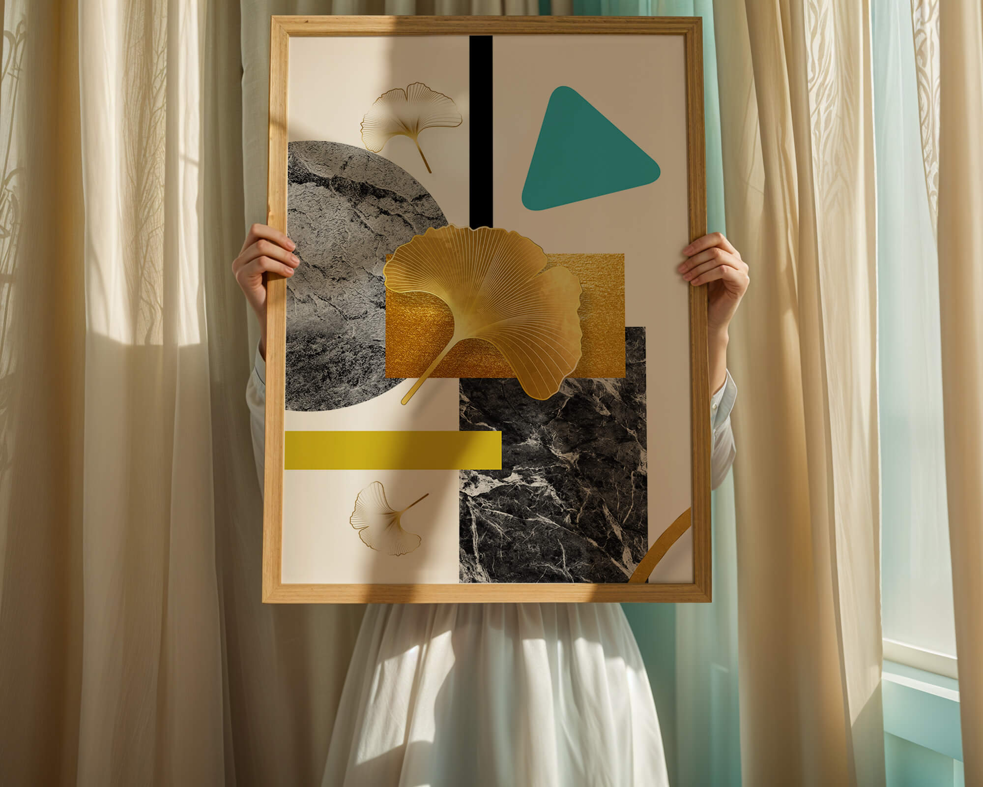 Geometric Abstract Composition with Gold Ginkgo Leaves