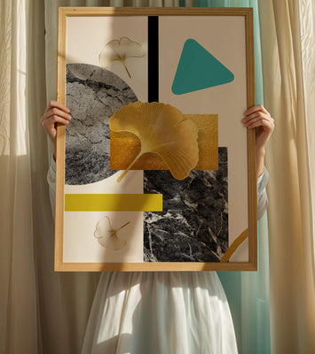 Geometric Abstract Composition with Gold Ginkgo Leaves