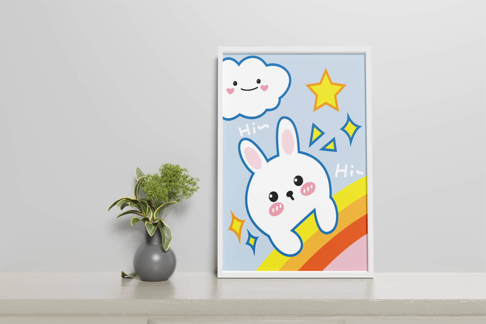 Whimsical cartoon bunny with cloud and rainbow theme