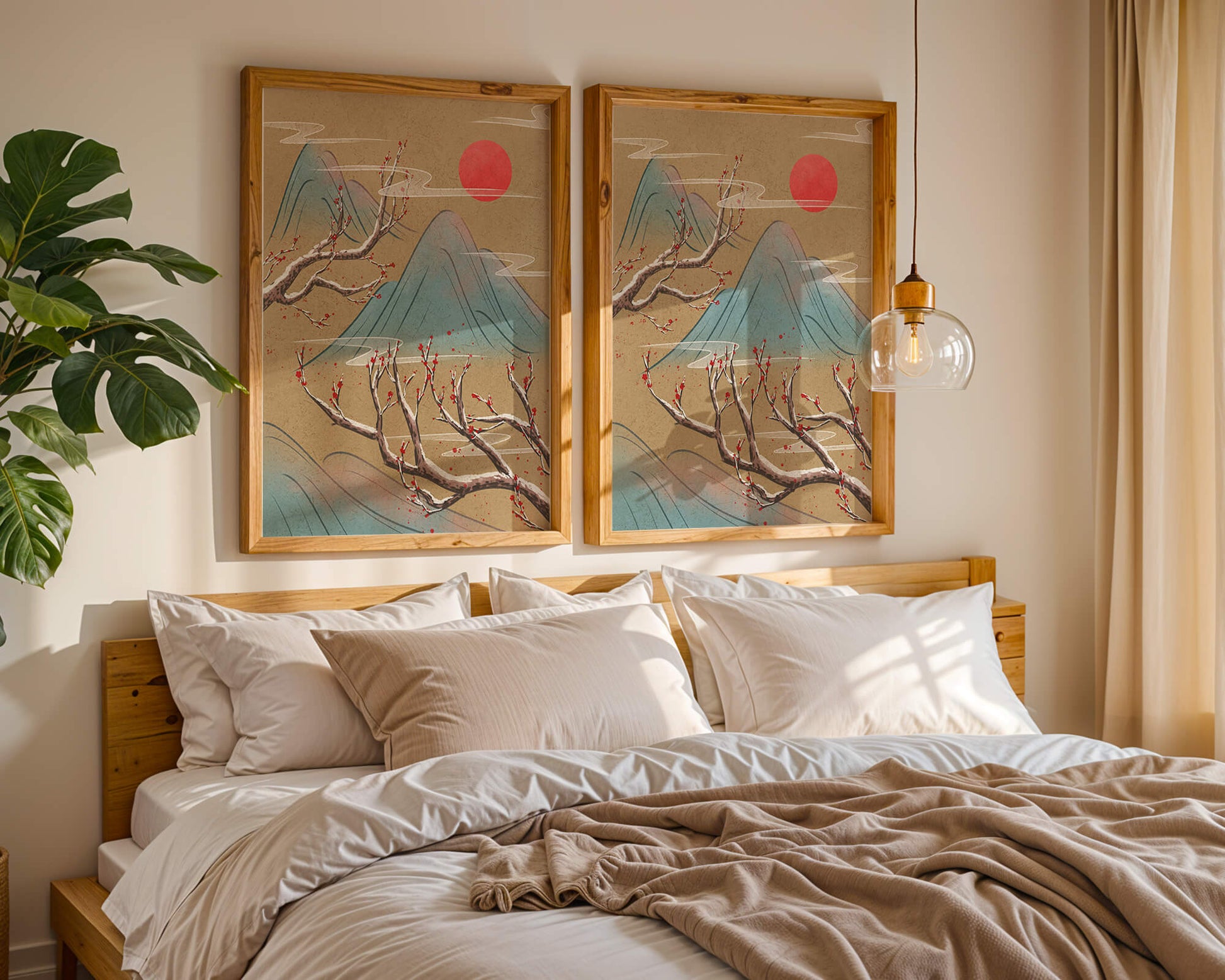 Tranquil landscape with cherry blossom and red sun