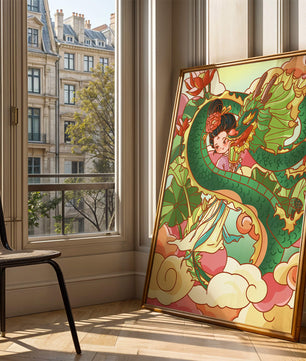 Heitere künstlerische Darstellung eines Mädchens mit einem majestätischen Drachen inmitten von Wolken und Lotusblumen