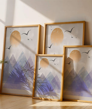 Abstract Mountain Landscape with Geometric Elements and Soaring Birds