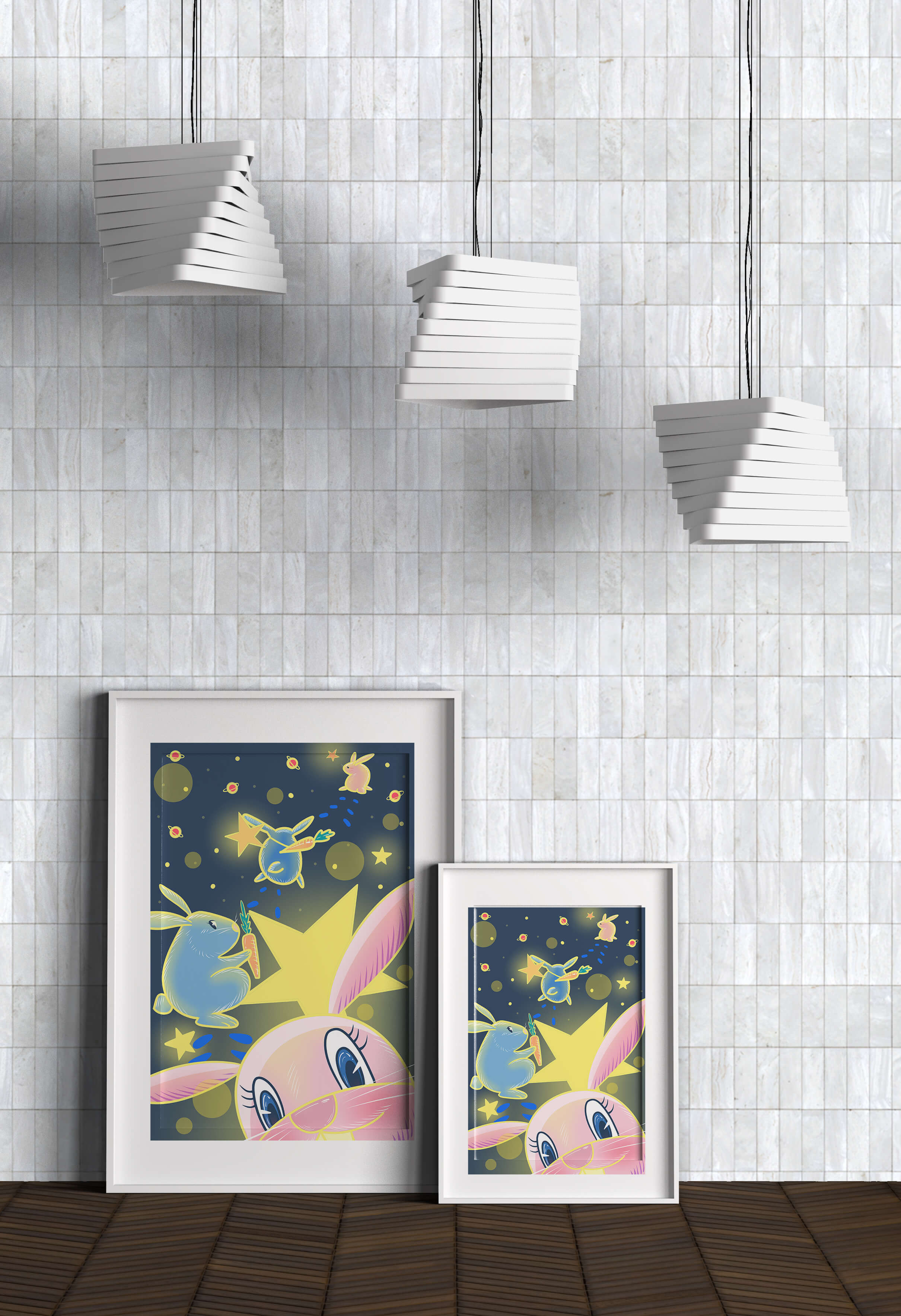 Playful bunnies with carrots and stars in a whimsical space scene