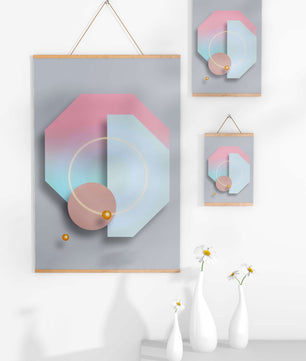 An abstract geometric art piece with pastel tones and golden accents