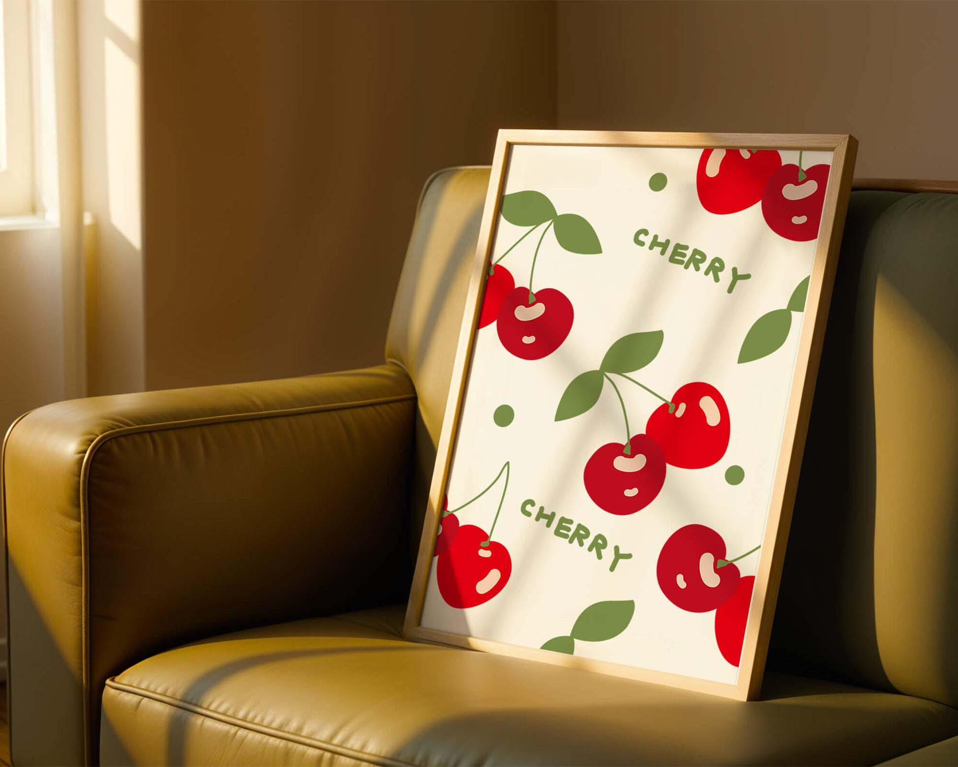 Cherry pattern on black background with green leaves
