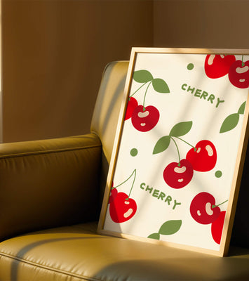 Cherry pattern on black background with green leaves