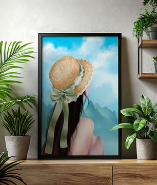 Woman with straw hat and mountain view under blue sky