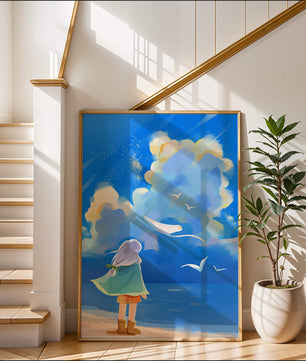 Young person gazing at a vibrant seaside sky with birds flying