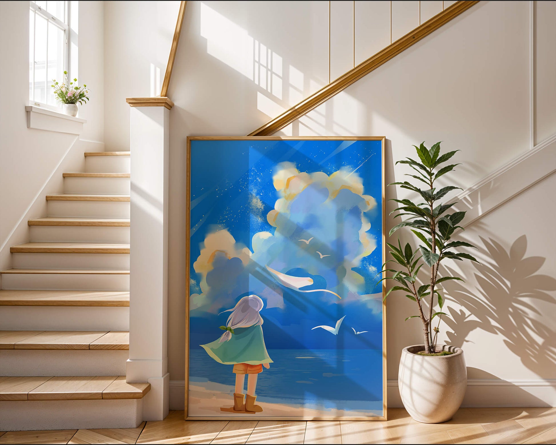Young person gazing at a vibrant seaside sky with birds flying