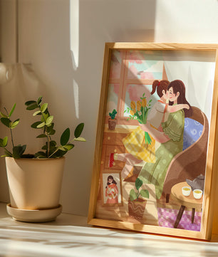 Escena acogedora en la sala de estar con madre e hija abrazándose cerca de la ventana