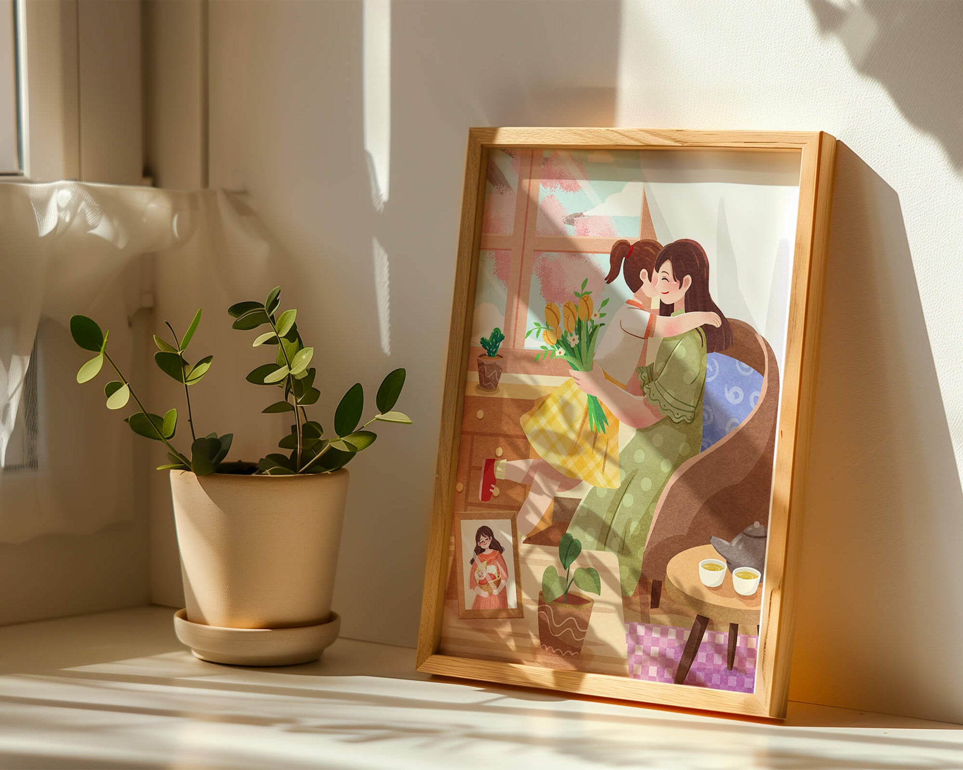 Cozy living room scene with mother and daughter hugging near window