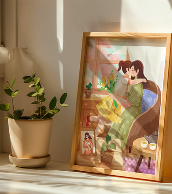 Cozy living room scene with mother and daughter hugging near window