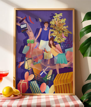 Illustration d'une expérience de shopping joyeuse en famille avec des cadeaux et des couleurs vives