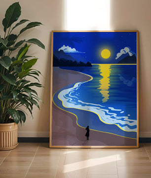 Plage au clair de lune avec montagnes et reflets sous le ciel nocturne