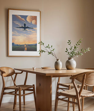 Serene airport departure with airplane and traveler at sunset
