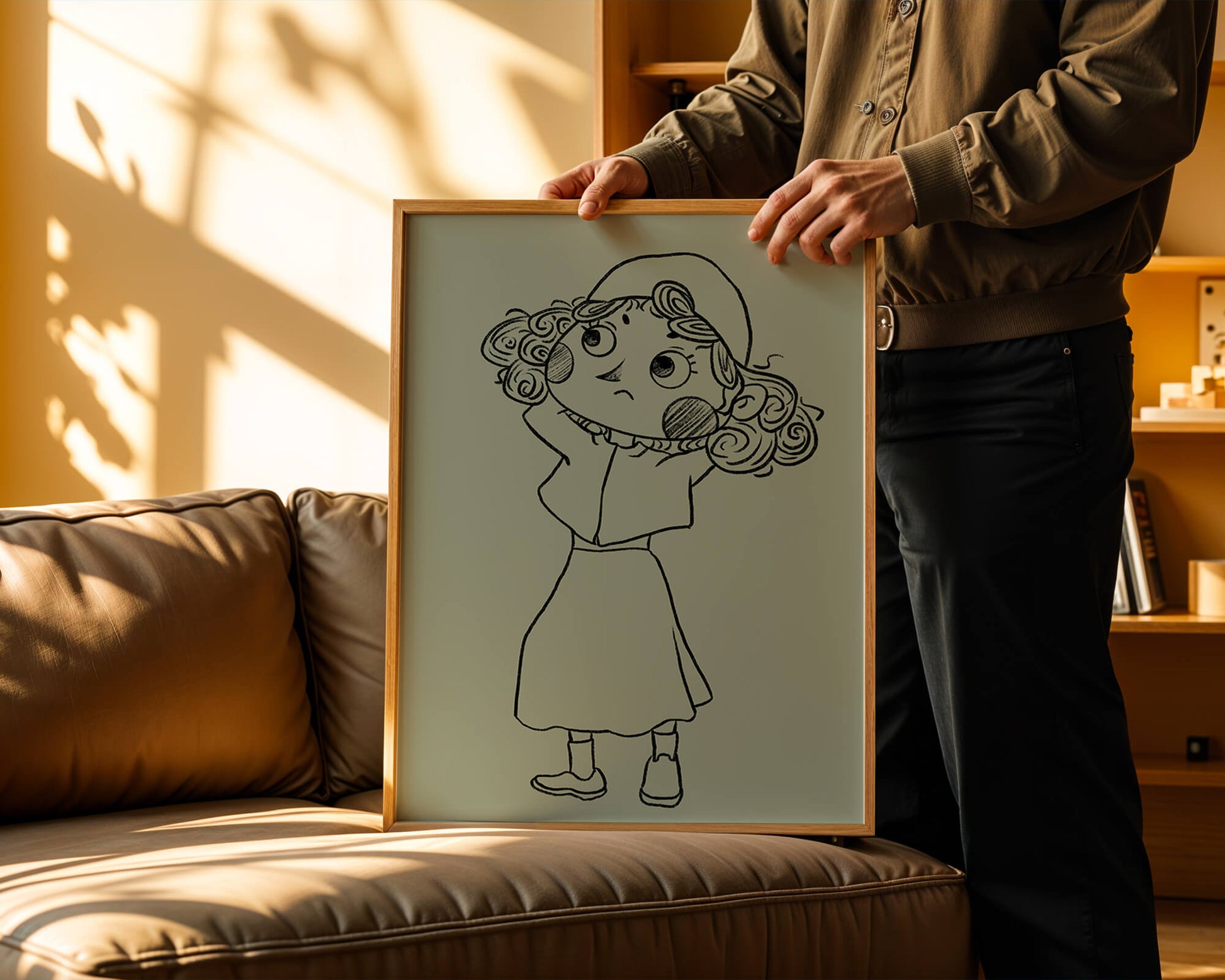 Ilustración a mano de un personaje de dibujos animados pensativo con cabello rizado y gorro