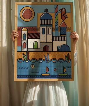 Bunte geometrische Küstendorf-Illustration mit Vögeln und Booten