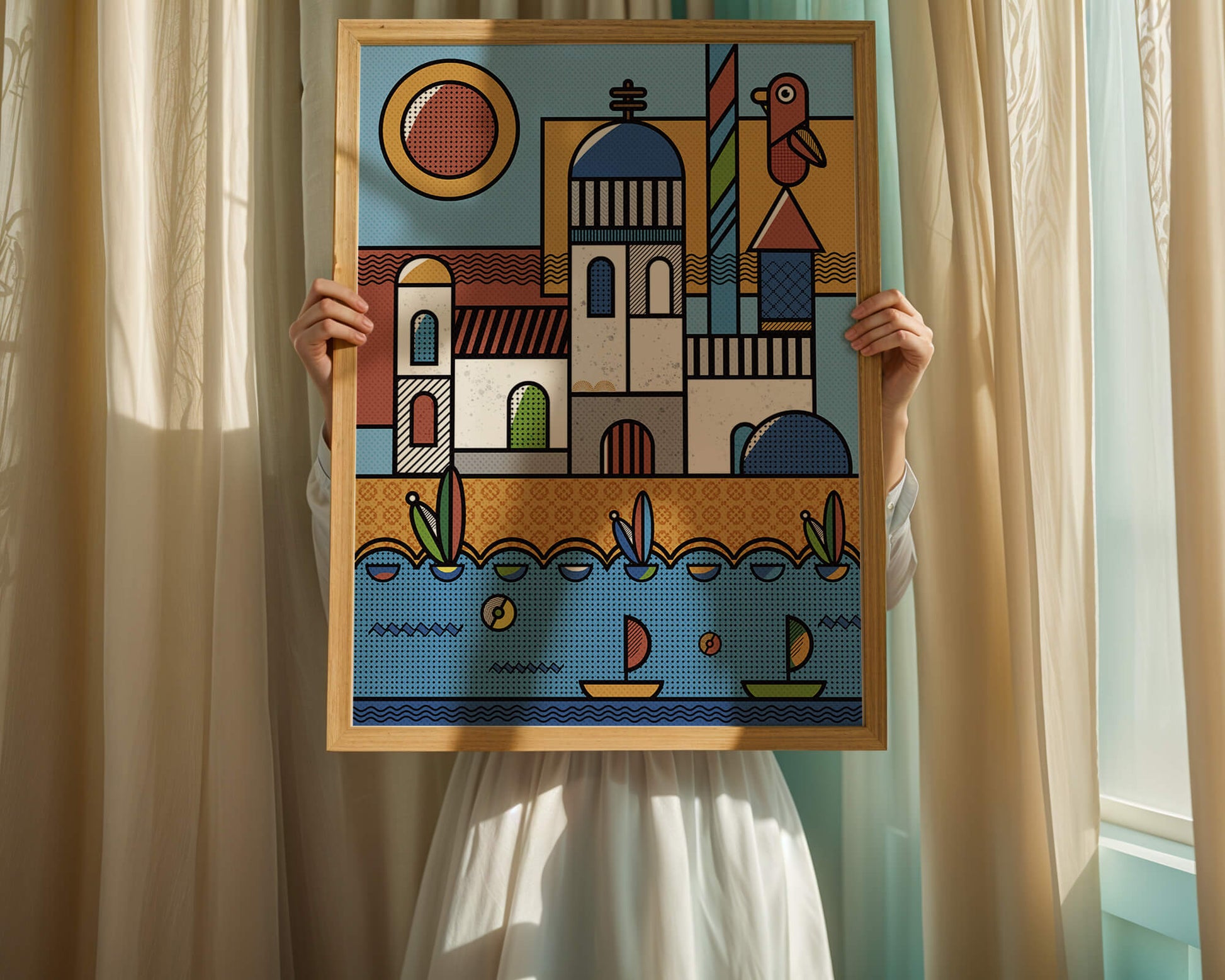 Bunte geometrische Küstendorf-Illustration mit Vögeln und Booten