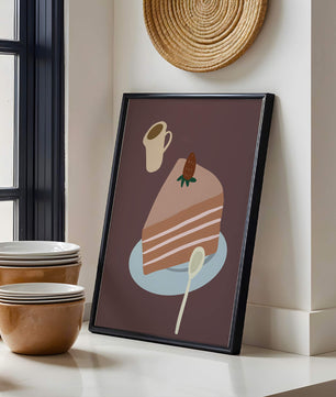 Ilustración de una porción de pastel con fresa y café