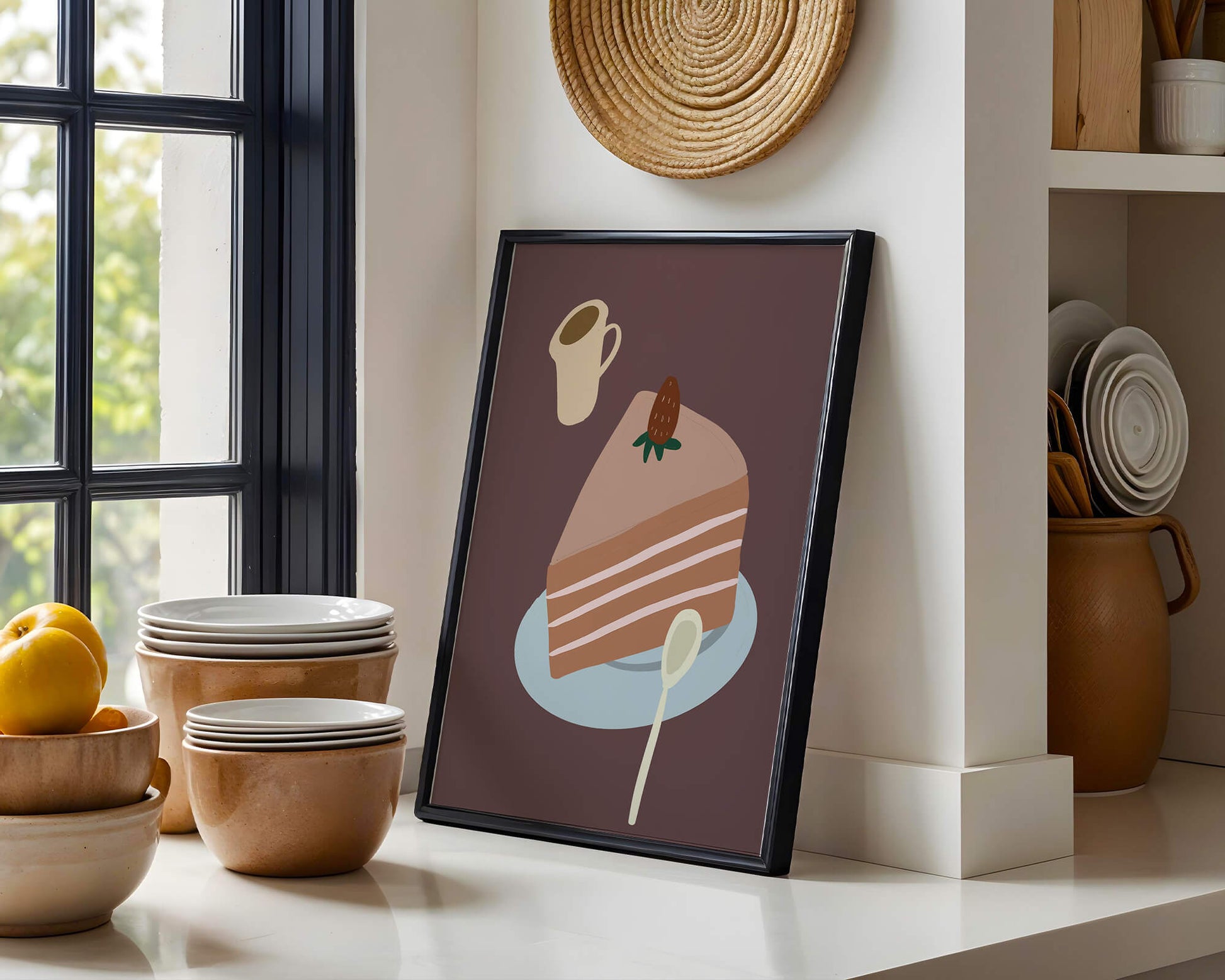 Illustration of a cake slice with strawberry and coffee