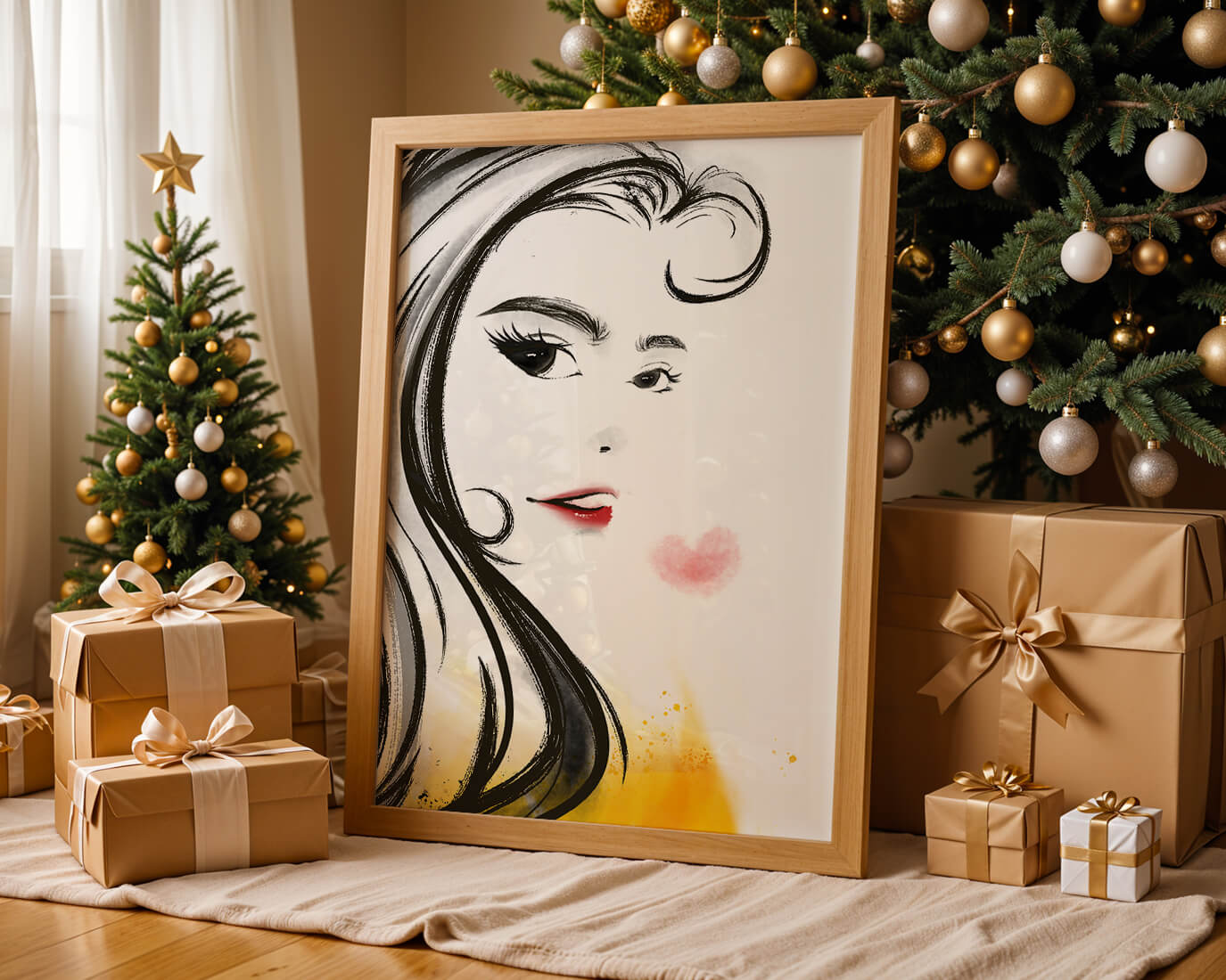 Elegant portrait sketch with red lips and a heart motif