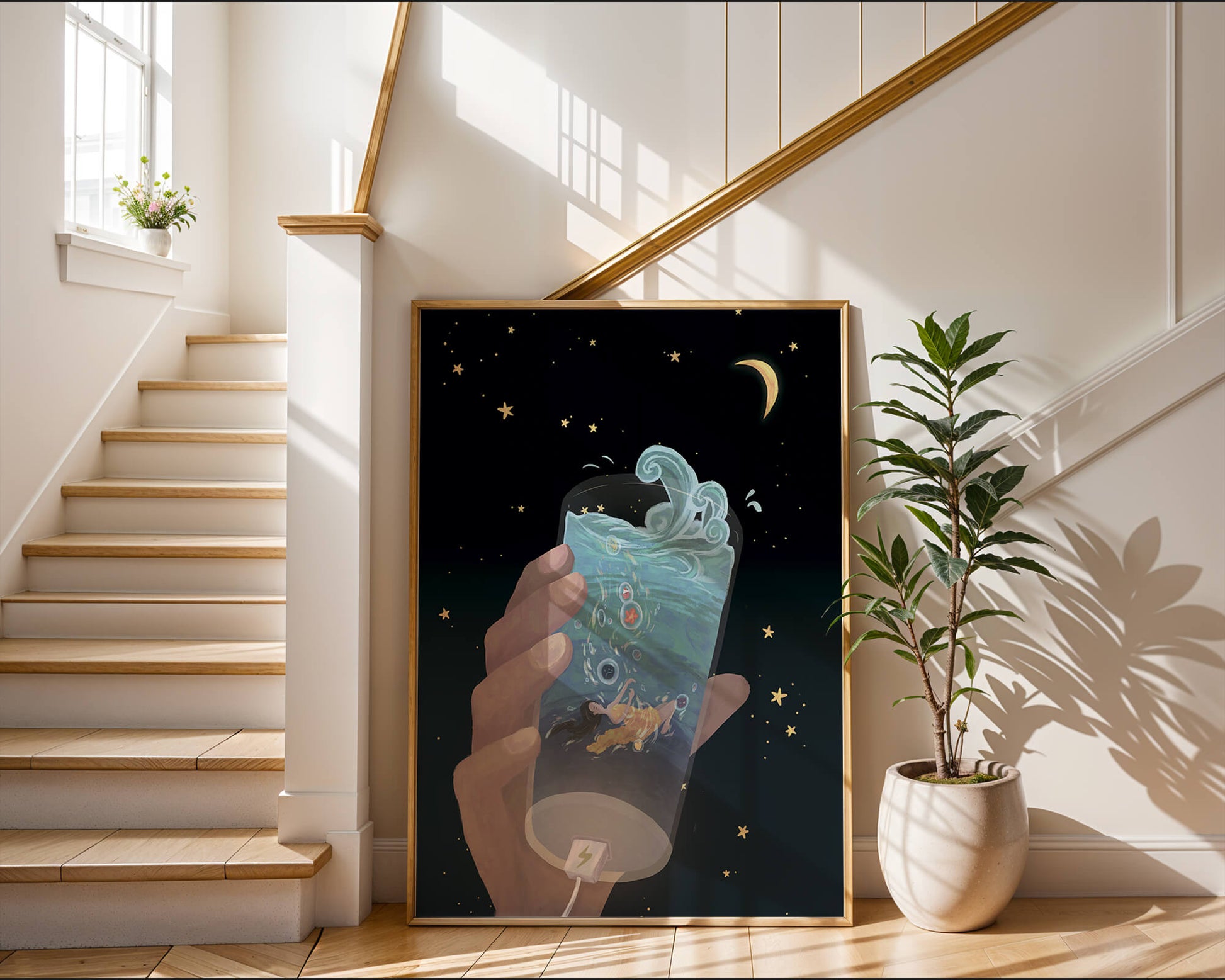 Abstract night sky scene with hand holding a glass of swirling water