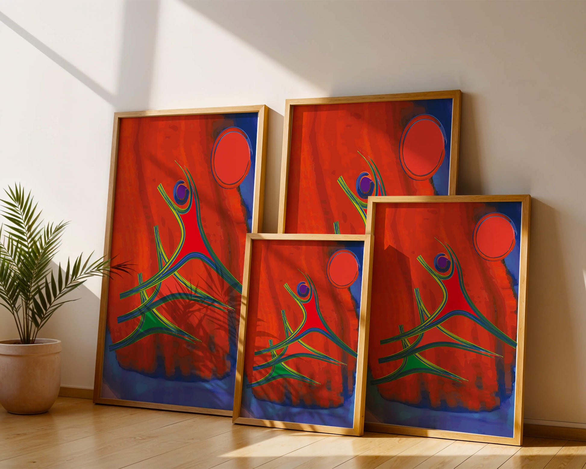 Abstract colorful artwork with dynamic figures and bold colors